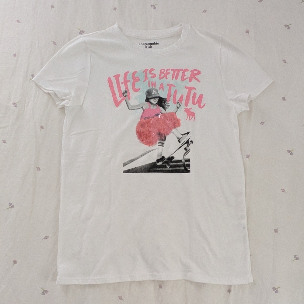 Abercrombie kids white shirt sleeve T-shirt with pink tutu decoration